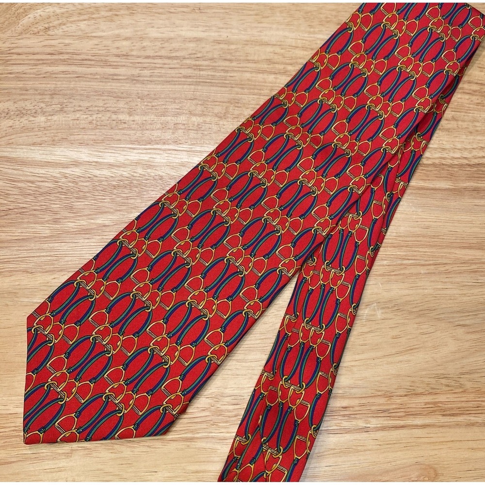 Burberrys Necktie Tie Mens Red Horse Bit Print Equestrian Silk Old Money USA VTG